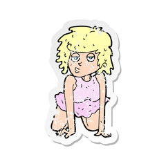 retro distressed sticker of a cartoon woman doing pin-up pose