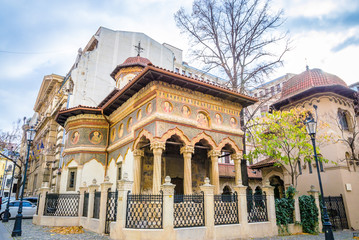 Obraz premium St. Michael and Gabriel church and Stavropoleos Monastery in Bucharest, Romania.