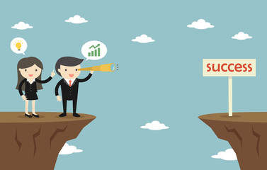 Businessman and business woman have idea and way to success. Vector illustration.