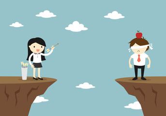 Business concept, Business woman shooting an arrow to the apple on blindfolded businessman's head. Vector illustration.
