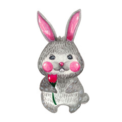 Cute rabbit with pink Tulip on white background.