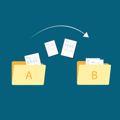 File transfer / Data Transfer Document, illustration transfer data/ copy file / sync 
 data / sharing file. illustration two folders on screen and transferred documents.