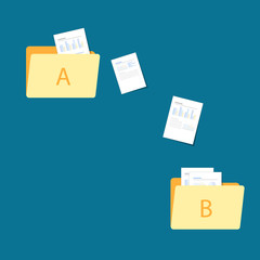 File transfer / Data Transfer Document, illustration transfer data/ copy file / sync 
 data / sharing file. illustration two folders on screen and transferred documents.