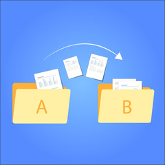 File transfer / Data Transfer Document, illustration transfer data/ copy file / sync 
 data / sharing file. illustration two folders on screen and transferred documents.