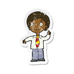 retro distressed sticker of a cartoon school boy answering question