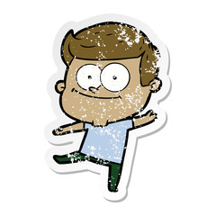distressed sticker of a cartoon happy man