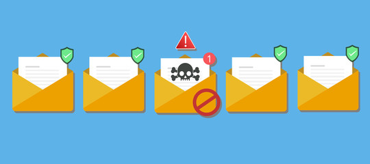 envelope with document, spam alert and skull icon. Virus, malware, email fraud, e-mail spam, phishing scam, hacker attack concept. Trendy flat design graphic with long shadow. 