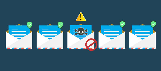 envelope with document, spam alert and skull icon. Virus, malware, email fraud, e-mail spam, phishing scam, hacker attack concept. Trendy flat design graphic with long shadow. 