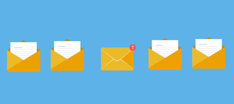 Unread Email notification message, with buble number new email. flat vector  illustration envelope with document and long shadow