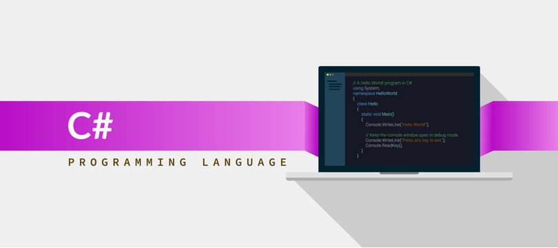 C# programming language with script code on laptop screen, programming language code illustration