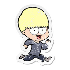 distressed sticker of a happy cartoon boy