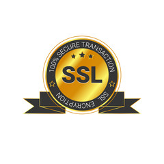 SSL Certified/certificate 100% secure transaction with encryption. illustration ssl certificate, ssl secured, ssl shield symbols, protected safe data. with ribbon, gold style & black color