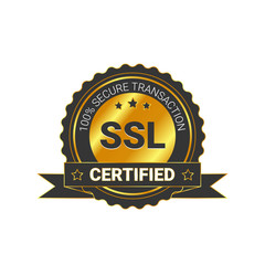 SSL Certified/certificate 100% secure transaction with encryption. illustration ssl certificate, ssl secured, ssl shield symbols, protected safe data. with ribbon, gold style & black color
