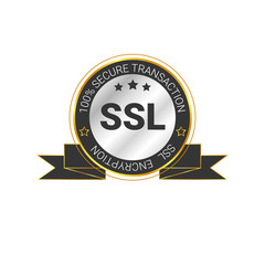 SSL Certified/certificate 100% secure transaction with encryption. illustration ssl certificate, ssl secured, ssl shield symbols, protected safe data. with ribbon, gold style & black color