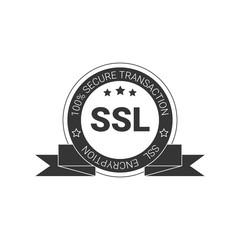 SSL Certified/certificate 100% secure transaction with encryption. illustration ssl certificate, ssl secured, ssl shield symbols, protected safe data. with ribbon, gold style & black color