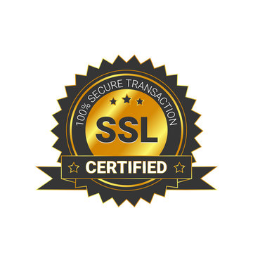 SSL Certified/certificate 100% secure transaction with encryption. illustration ssl certificate, ssl secured, ssl shield symbols, protected safe data. with ribbon, gold style & black color