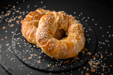 Salty Soft Buns. Puff Pastry Ring with Potatoes, Cottage Cheese, Meat, Mushrooms or Cabbage. Bakery
