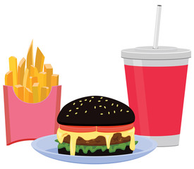 Black hamburger meal with French fries and drinks vector