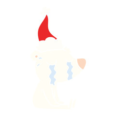 flat color illustration of a crying sitting polar bear wearing santa hat