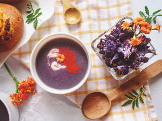 Overhead Purple Cauliflower Soup and Baked Cauliflowerettes