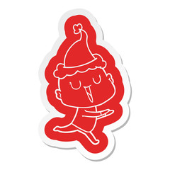 happy cartoon  sticker of a bald man wearing santa hat