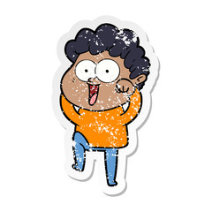 distressed sticker of a cartoon happy man