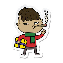 sticker of a cartoon man smoking carrying christmas gift