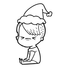 line drawing of a annoyed hipster girl wearing santa hat