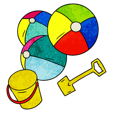 textured cartoon doodle beach balls with a bucket and spade