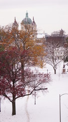 church and colorful tree in a park during snowfall time.