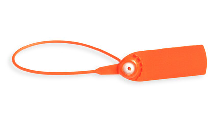 Plastic seal for sealing valuable goods and parcels. Orange plastic seal isolated on white background. Copy space. 
