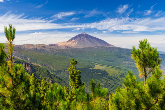 Incredible view of the Teide volcano from the viewpoint Mirador de Chipeque, which is located on the road number 24. Tenerife. Canary Islands..Spain