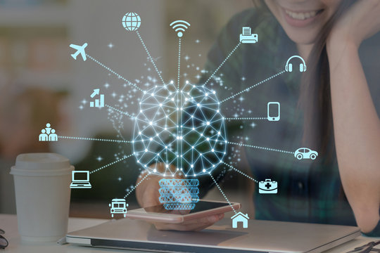 Closeup Asian businesswoman hand using the smart mobile phone using Polygonal brain shape of an artificial intelligence with various icon of smart city Internet of Things Technology,AI and IOT concept