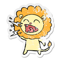 distressed sticker of a cartoon roaring lion