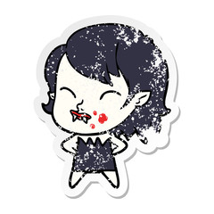 distressed sticker of a cartoon vampire girl with blood on cheek