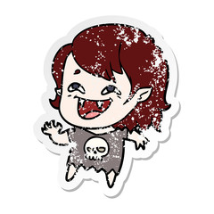 distressed sticker of a cartoon laughing vampire girl