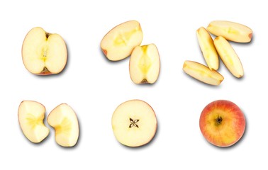 Naklejka na ściany i meble A set of apples, whole and sliced. Close up. Isolated on white background