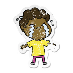 distressed sticker of a cartoon man crying