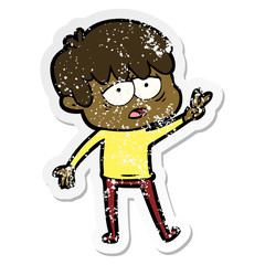 distressed sticker of a cartoon exhausted boy
