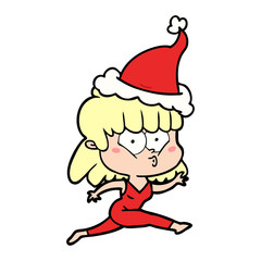 line drawing of a woman running wearing santa hat