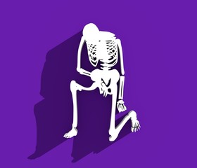 Human skeleton kneeling. Halloween party design template. 3D rendering. Web icon with long shadow
