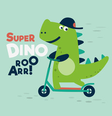 Cute dinosaur rides on kick scooter