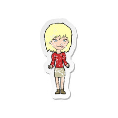 retro distressed sticker of a cartoon woman shrugging shoulders