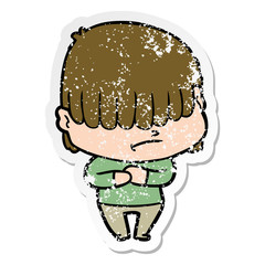 distressed sticker of a cartoon boy with untidy hair
