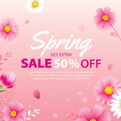 Spring sale banner with blooming flowers background template. Design for advertising, flyers, posters, brochure, invitation, voucher discount.