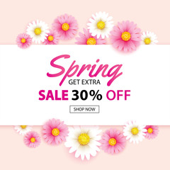 Spring sale banner with blooming flowers background template. Design for advertising, flyers, posters, brochure, invitation, voucher discount.