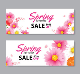 Spring sale voucher banner with blooming flowers background template. Design for advertising, flyers, posters, brochure, invitation, cover discount.