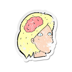 retro distressed sticker of a cartoon female head with brain symbol