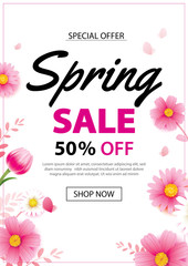 Spring sale poster banner with blooming flowers background template. Design for advertising, voucher, flyers, brochure, cover discount.
