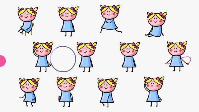 Cartoon kids character &ndash; Susan. She is a happy girl. A few moves with seamless fluent transitions. Alpha channel. Walking, running, standing, jumping, sitting, playing... Useful content presenter.